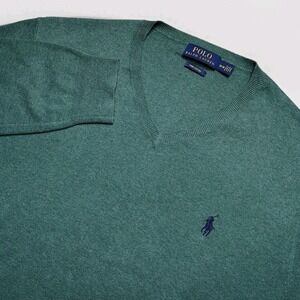 Polo Ralph Lauren Mens V-Neck Sweater Medium Green Pima Cotton Knit Pullover